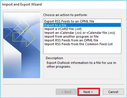 Export Outlook data file